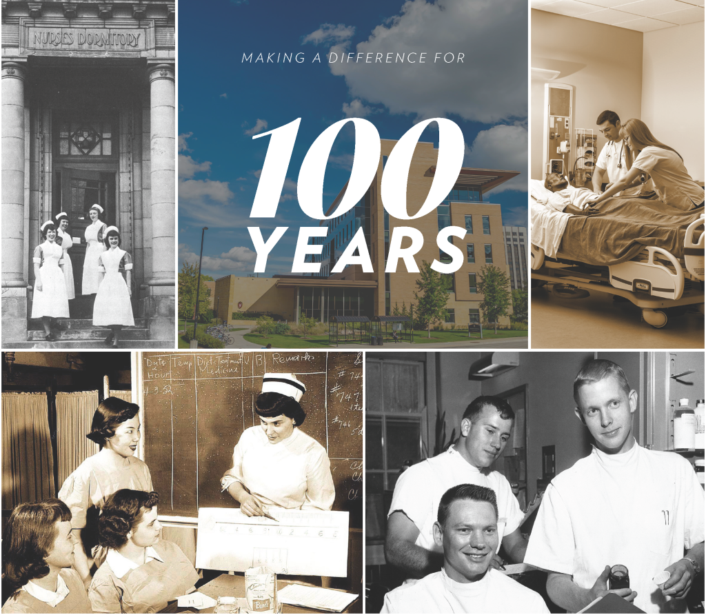 A photo collage showing 100 years of School of Nursing history.