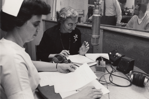 School of Nursing professor Rose Marie Chioni, PhD, (left), and Signe Skott Cooper, ’Cert42, ’48, MEd, RN, FAAN, (right), offering a continuing education course on WHA radio as part of Call Nursing 1966.