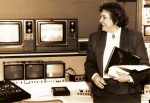 Then Associate Dean Pat Lasky, MS’68, PhD, RN, stands in front of video equipment that aided in the School's instructional video efforts, circa 1985.