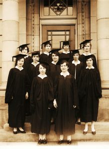 The Class of 1927 – the first graduating class of the UW–Madison School of Nursing. First Row - Left to Right: Marion Zilley (Ferrier), Mary Carney (Bailey) Second Row - Left to Right: Marcella Hartwig (Yoran), Catherine Cirves (Onona), Arminta Hartwig (Miller), Margery MacLachlan Third Row - Left to Right: Maxine Baumgartner (Quade), Florence Roddan (Traumbauer), Freda Peterson, Elva Sanden (Fadness) 