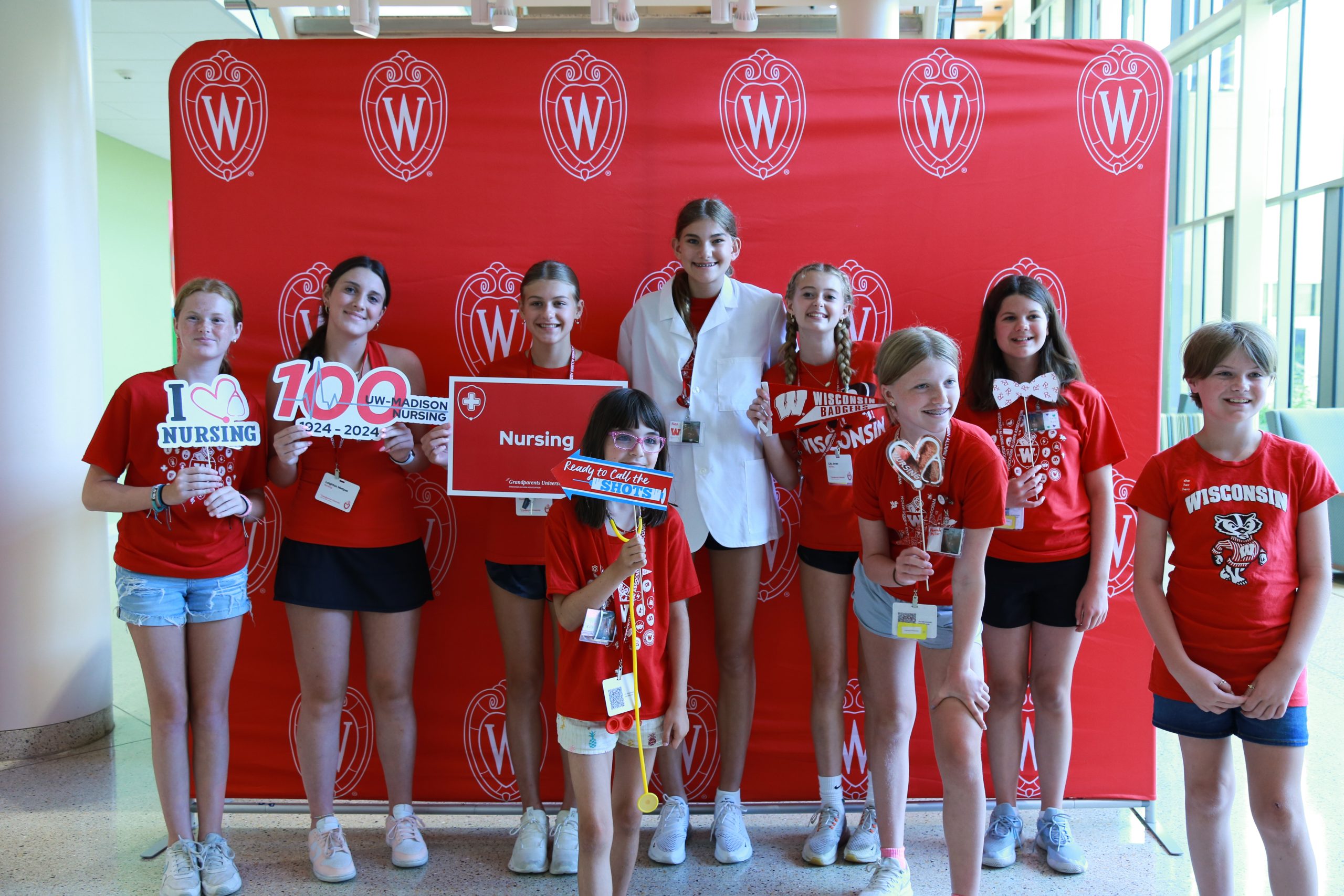 Kids participating in Grandparents University pose at the School of Nursing.
