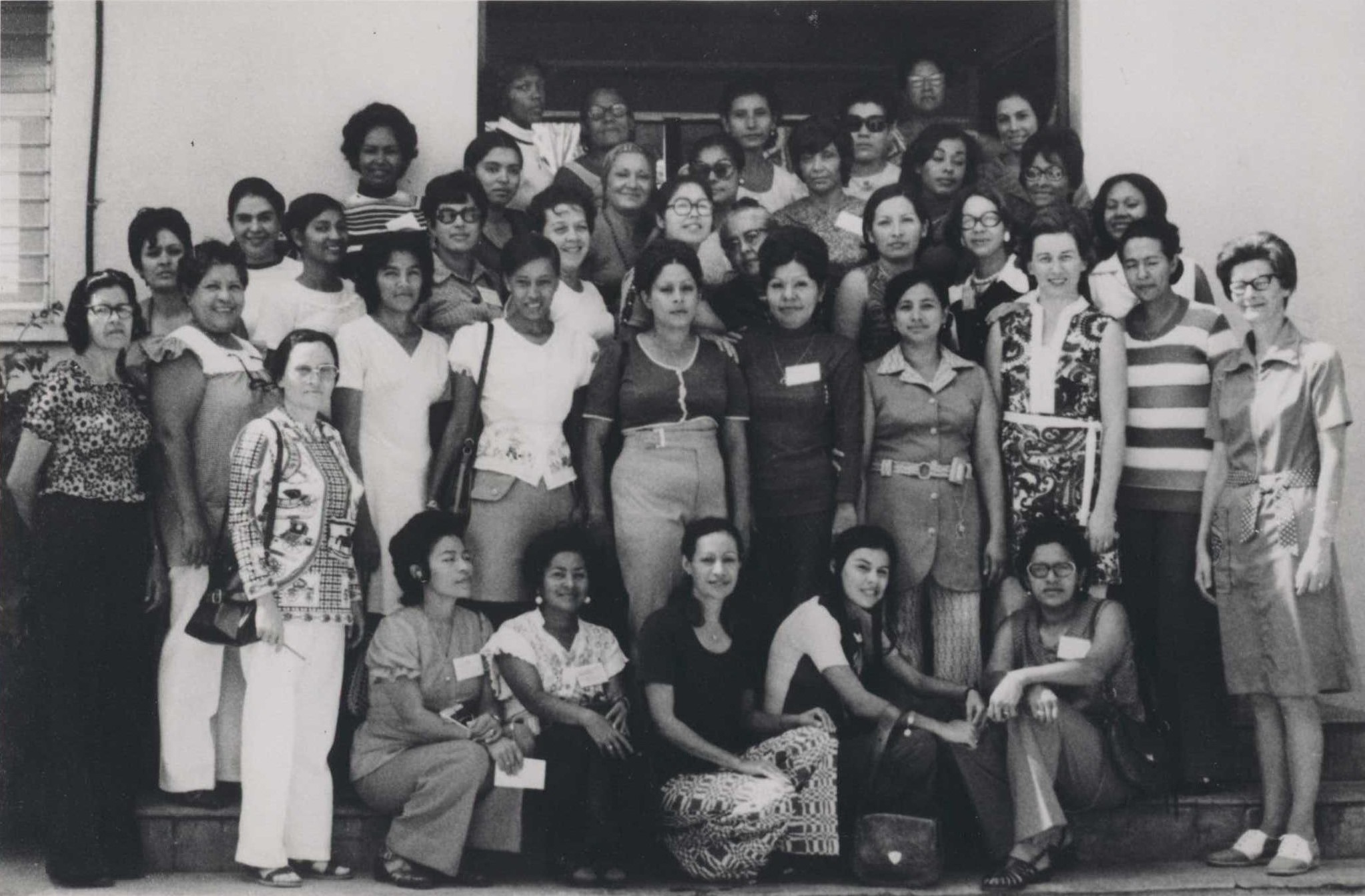 Faculty members from the four schools of nursing in Nicaragua gather for a workshop, Greater Methods of Teaching Nursing, held at the National School of Nursing in Managua, Nicaragua on March 4, 1974. The workshop was conducted by UW–Madison School of Nursing faculty members Joanne Conger, MSN (far right), and Betty Johnson, PhD.