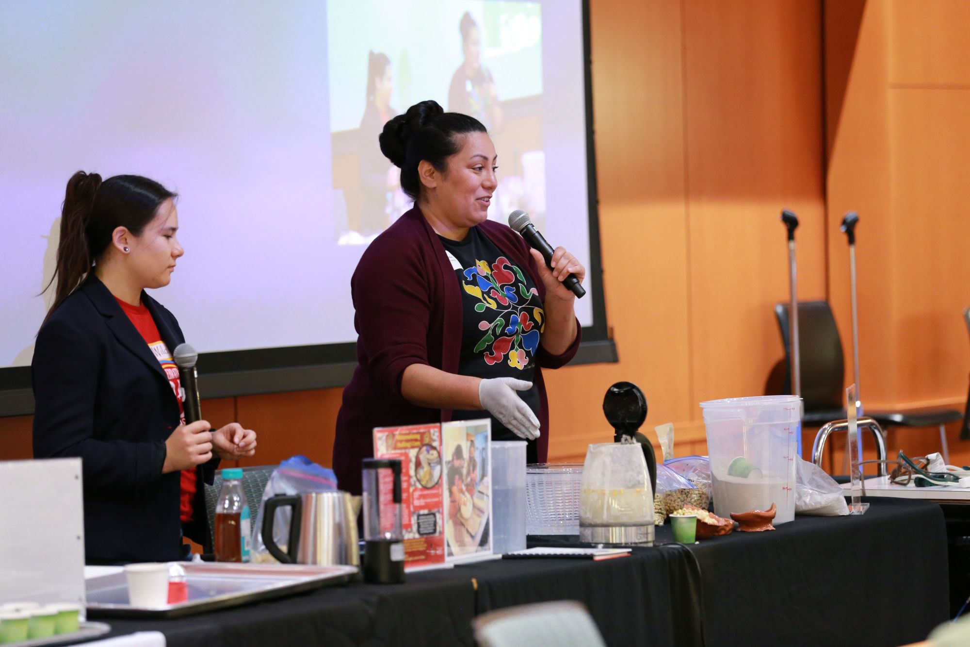 Vanessa Casillas, Ho-Chunk Nation, and Marissa Johnson, Lac Courte Oreilles Ojibwe, identified Indigenous foods and their nutritional components while examining ways in which working with Indigenous foods is food sovereignty in their “Traditional Foods Nutrition & Cooking Demo.”