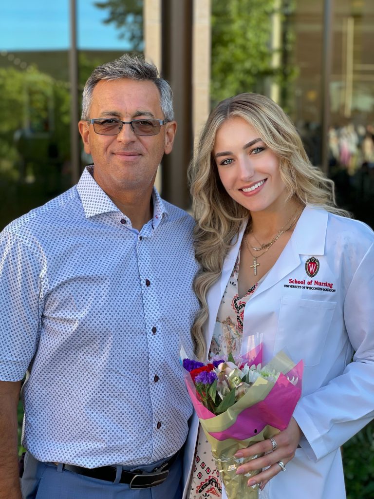 Mira Tcherneva (right) with her father, Dobrin Tchernev (left) at Mira’s white coat ceremony in August 2023.