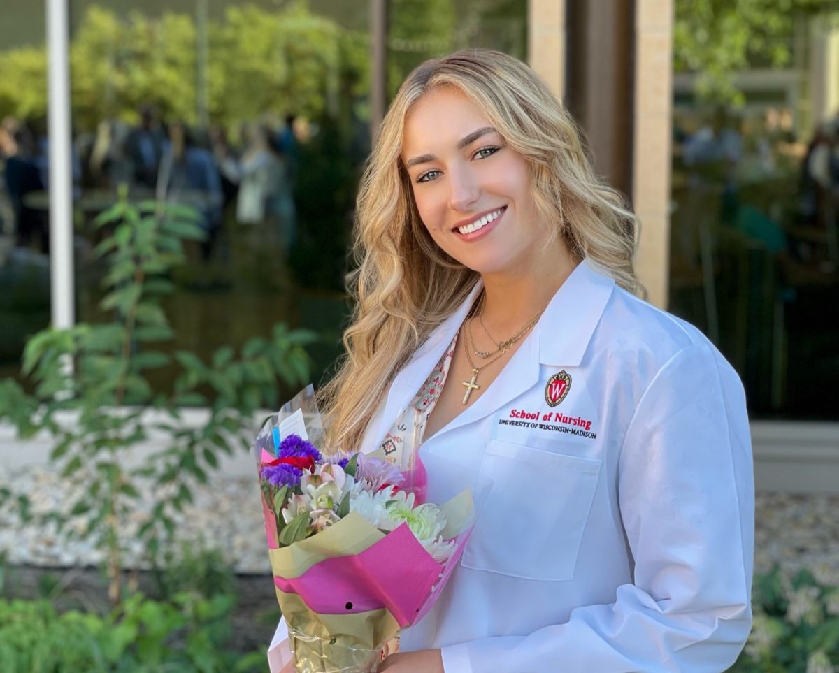 Mira Tcherneva stands outside of Signe Skott Cooper Hall after her white coat ceremony in August 2023.