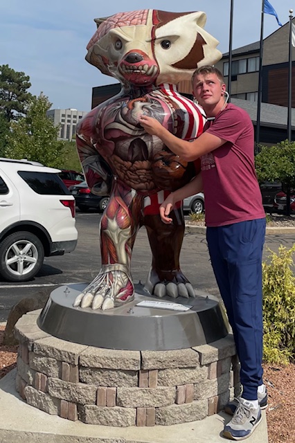 Green examines the anatomical Bucky with a stethoscope.