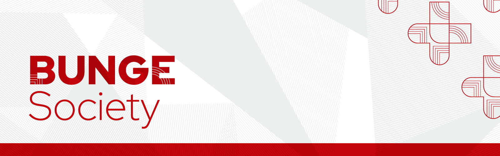 A graphic that reads Bunge Society in red text on a white and read geometric background.