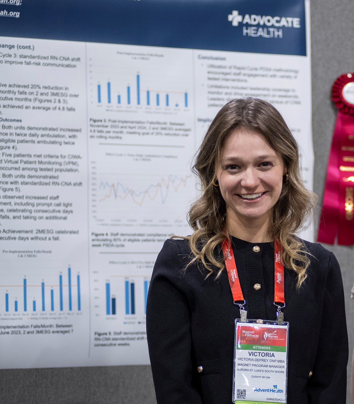 Tory DePrey stands in front of her research poster at the American Nurses Credentialing Center (ANCC) conference.