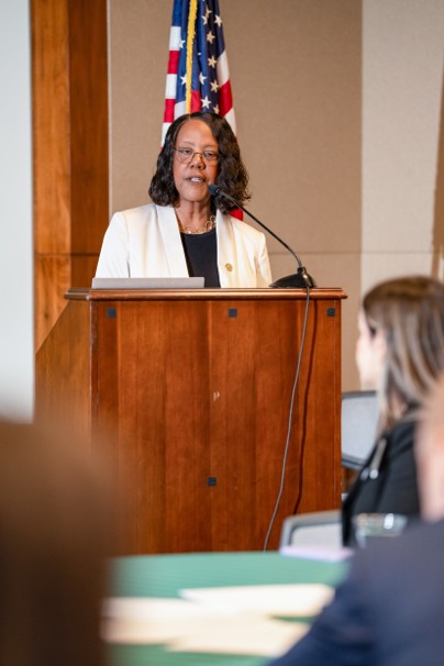 Dean Emerit Scott speaks at the “Powered by Evidence: Quality Patient Care Requires Nursing Science” briefing on Capitol Hill on July 22, 2025. (Photo courtesy of the American Academy of Nursing)